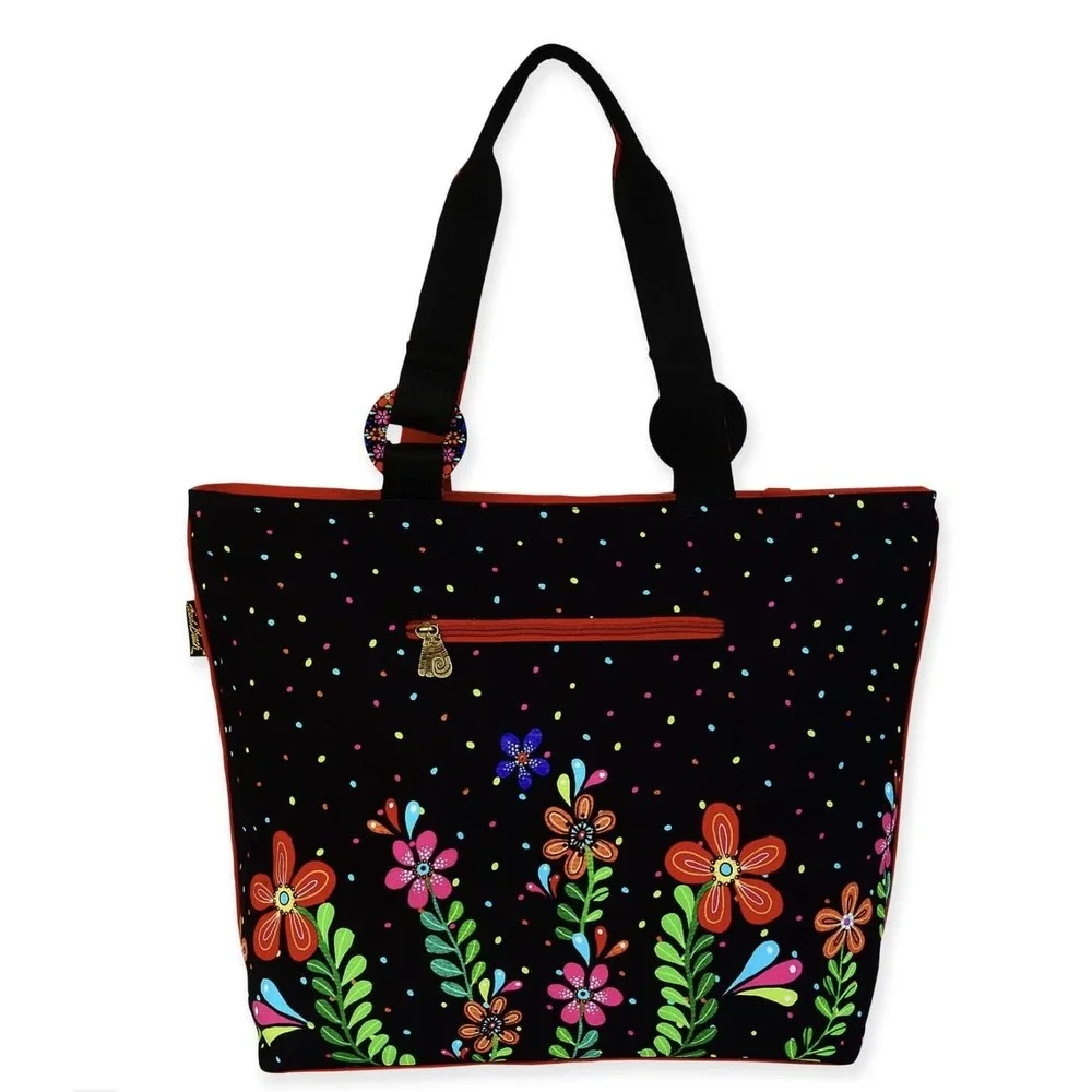 Laurel Burch Large Tote Bag 21x15x6.5 Cat Floral Canvas Black Multi Zip Pocket